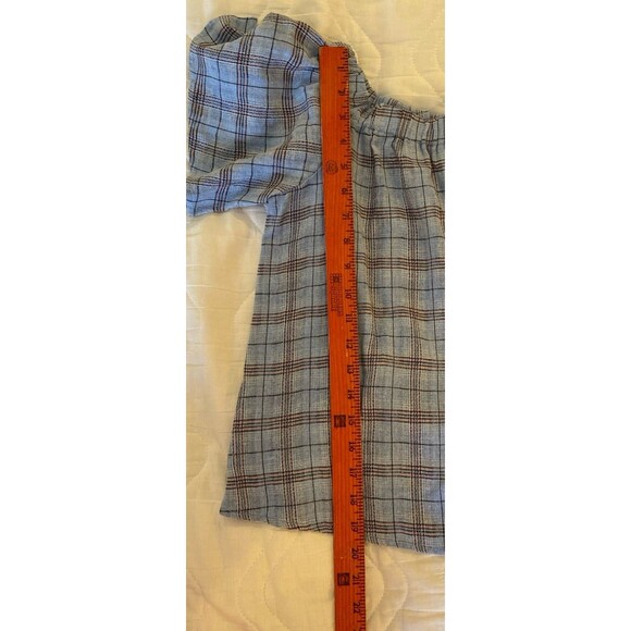 Verte Blouse Size Large Top Off Shoulder (or on) Baby Blue Plaid w Pink Cropped - Picture 8 of 9